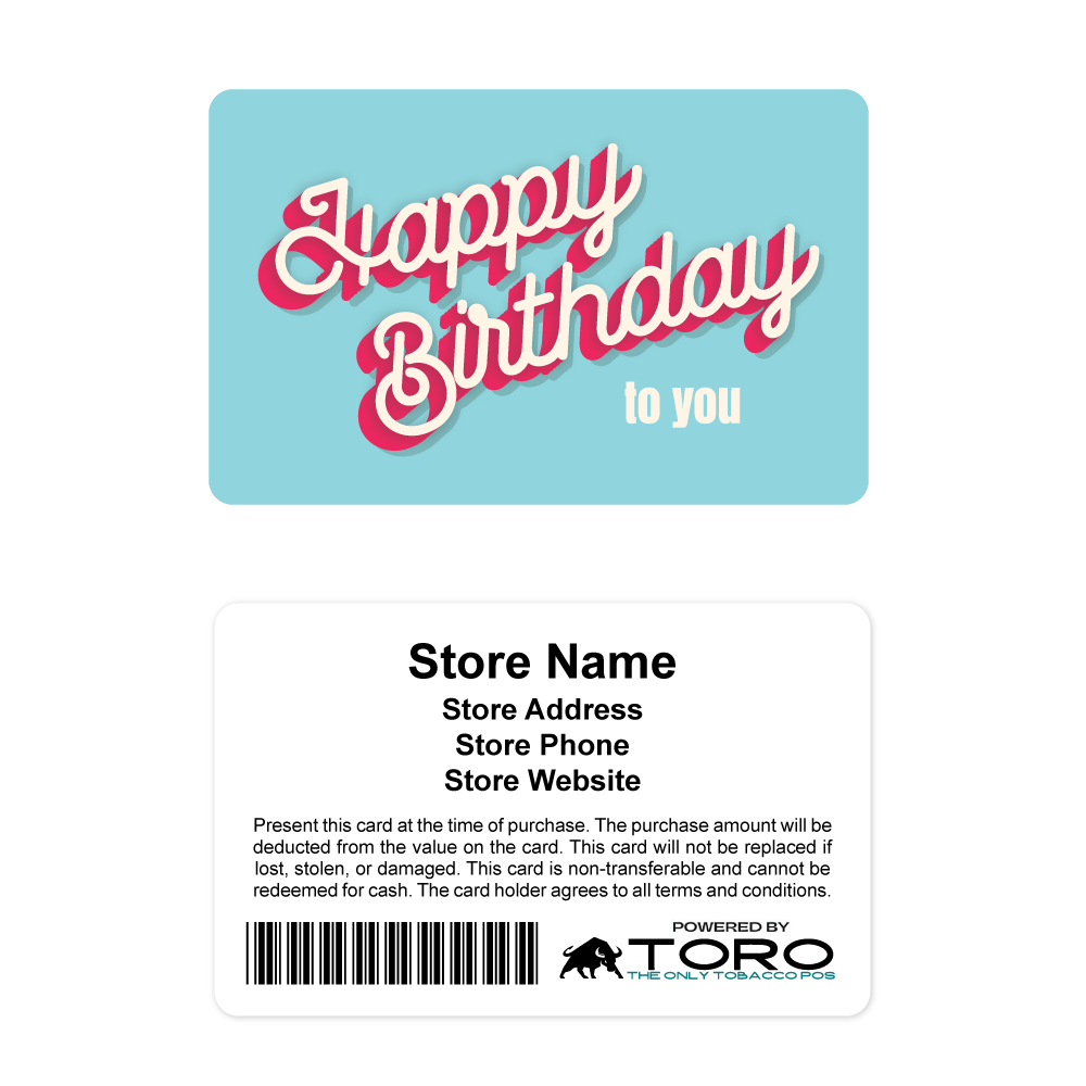 Toro Cigar POS Gift Cards - Happy Birthday to You Teal