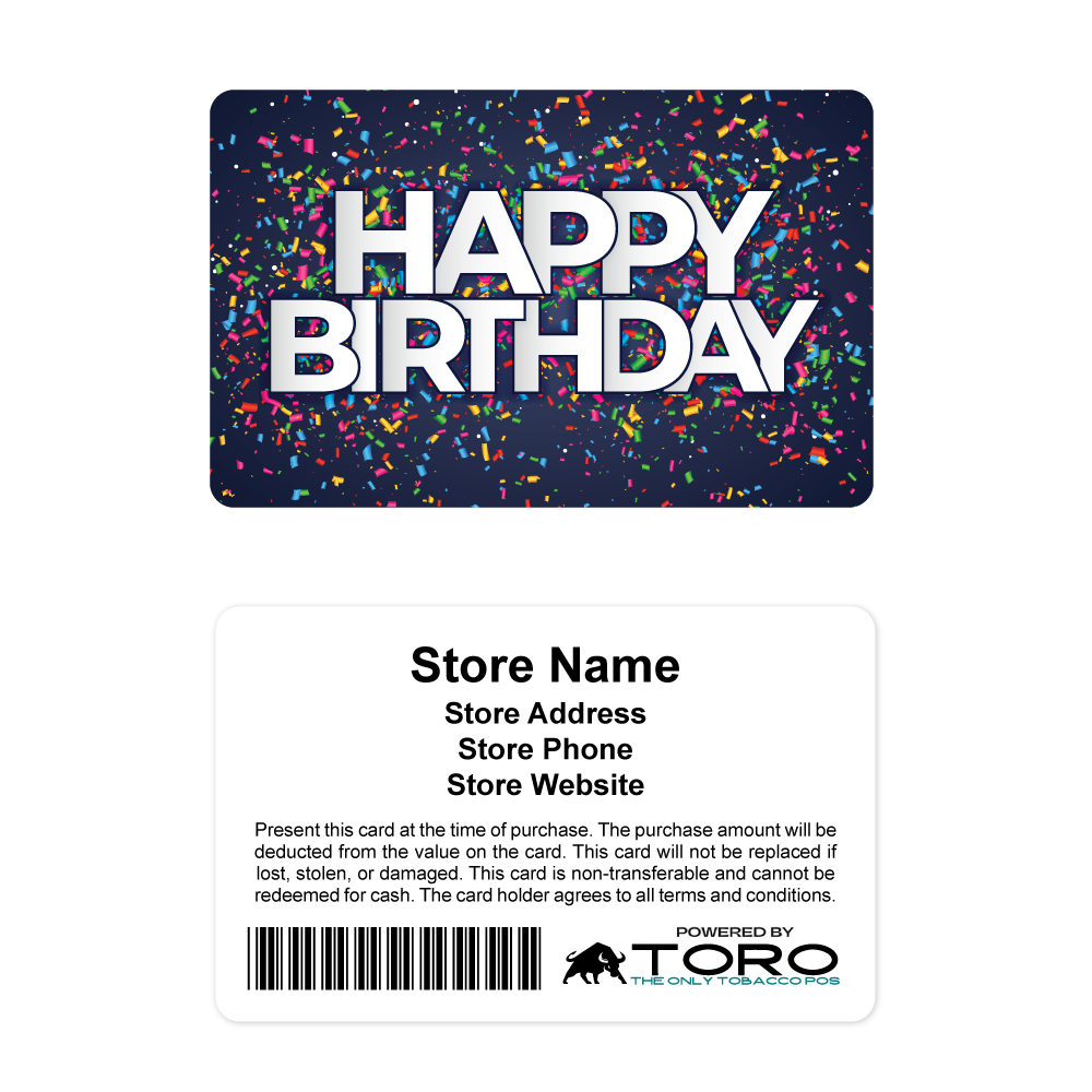 Toro Cigar POS Gift Cards - Happy Birthday Confetti