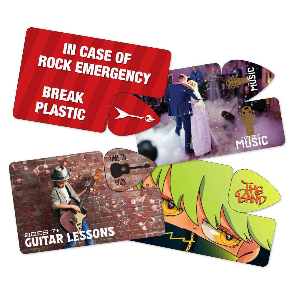 Custom Plastic 3.375" x 2.125" Breakaway Guitar Pick and Card Combo